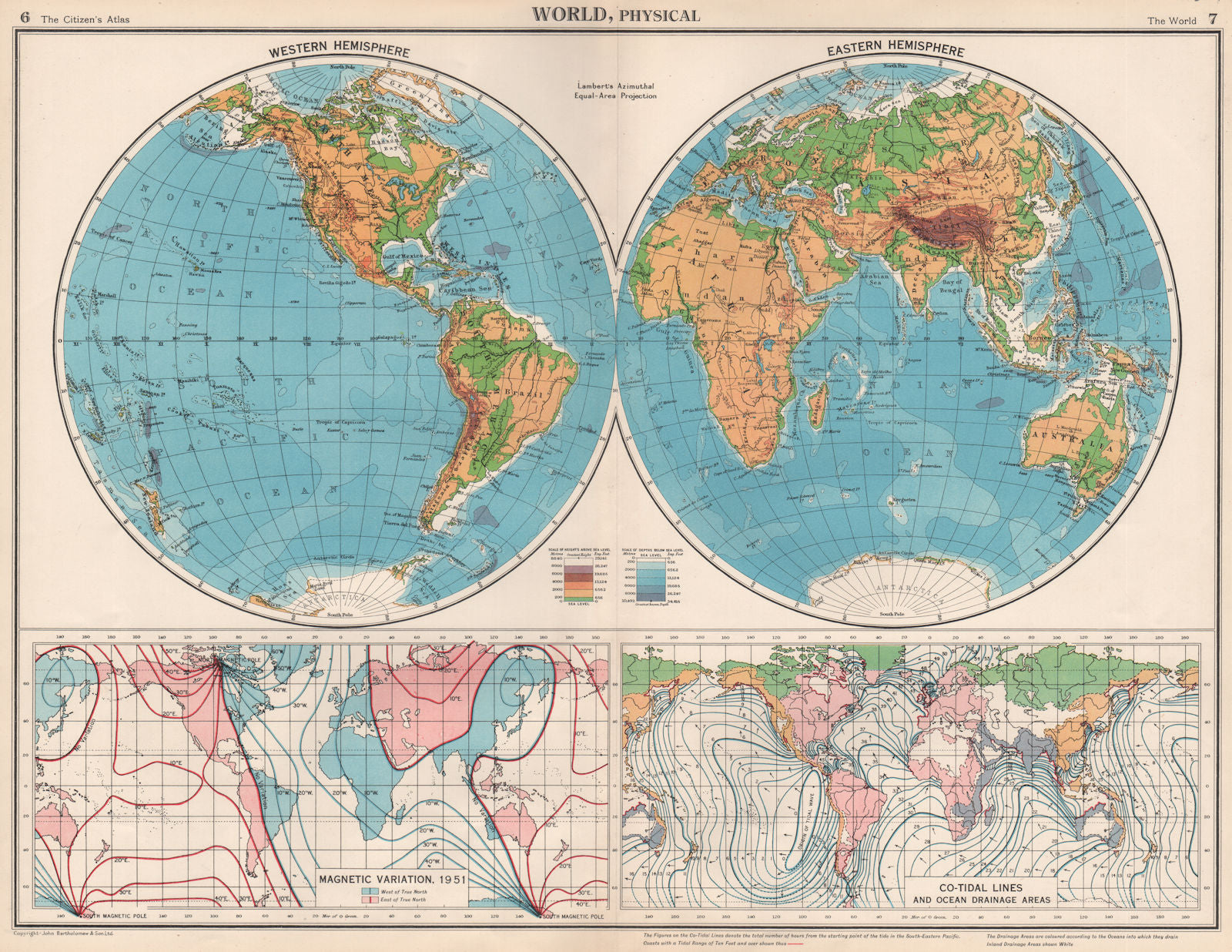 WORLD MAGNETIC VARIATION & COTIDAL LINES. Physical. Ocean Drainage.  1952 map